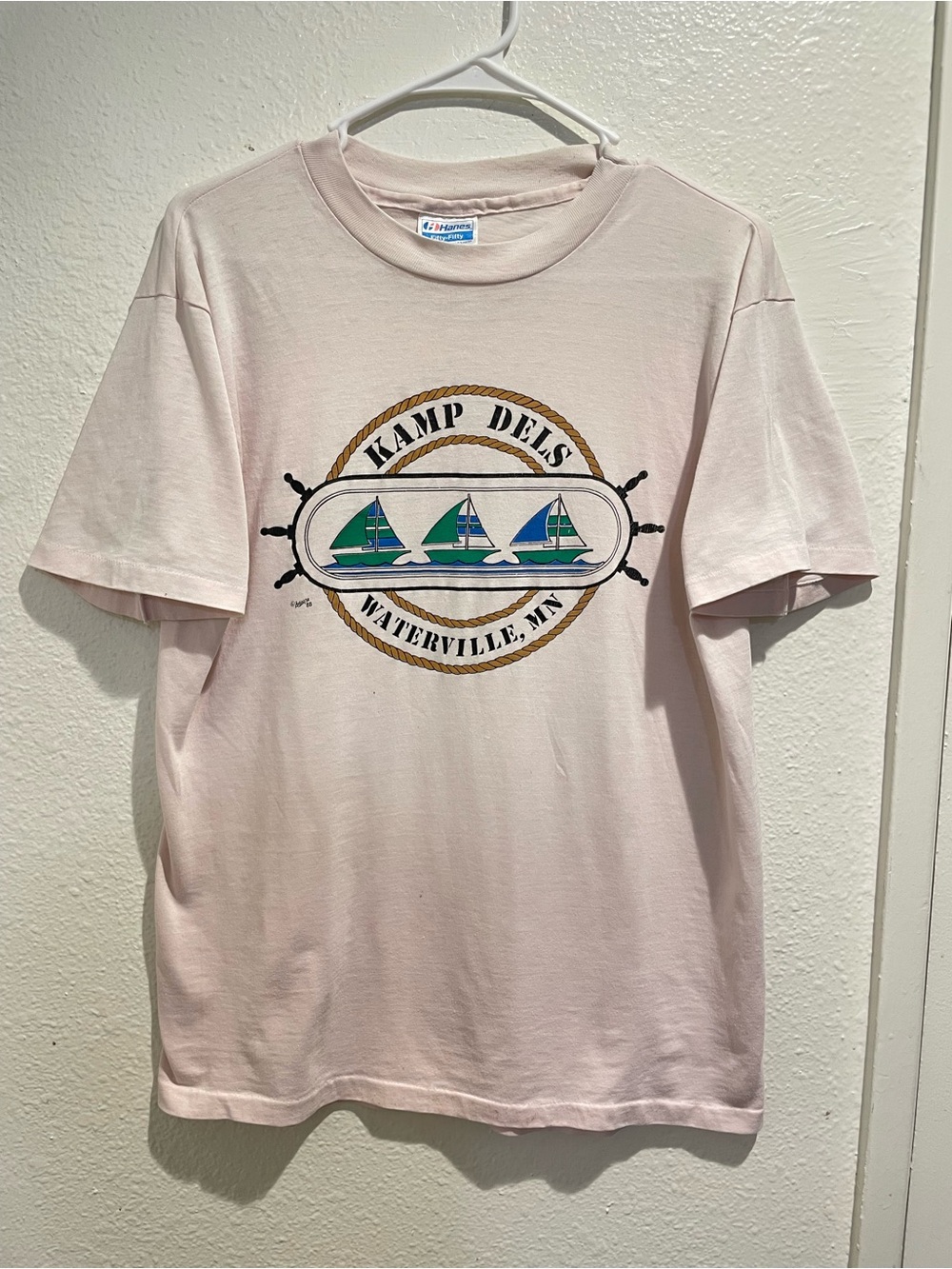 Vintage 1988 Artisans Hanes Kamp Dels MN Souvenir Sailboat Graphic Shirt L